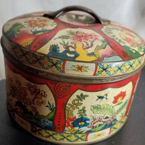 Vintage Round Gray Dunn Scotland Biscuit Cookie Tin Colorful Multicolor Handle
